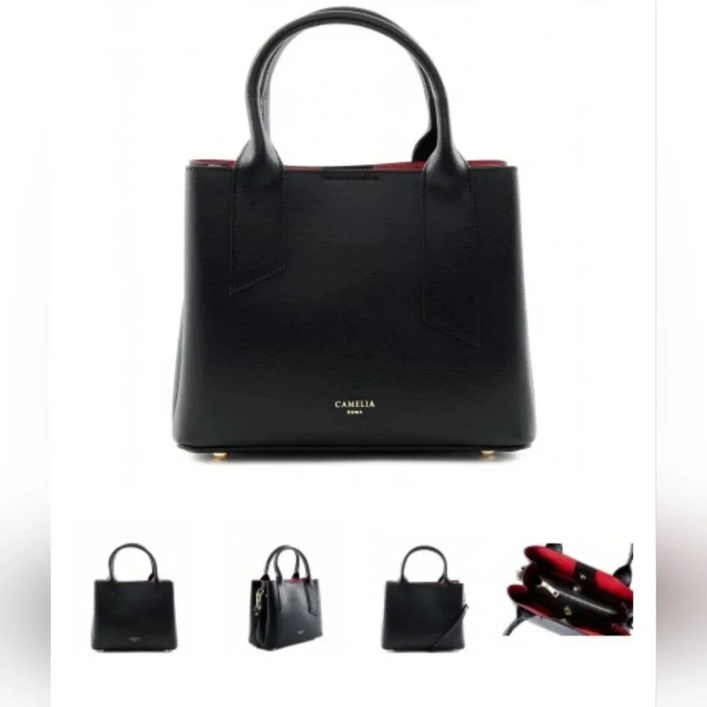 🥳HOST PICK🥳 Camelia Roma Saffiano Leather Black Red Satchel Bag Top Handle - Picture 2 of 9